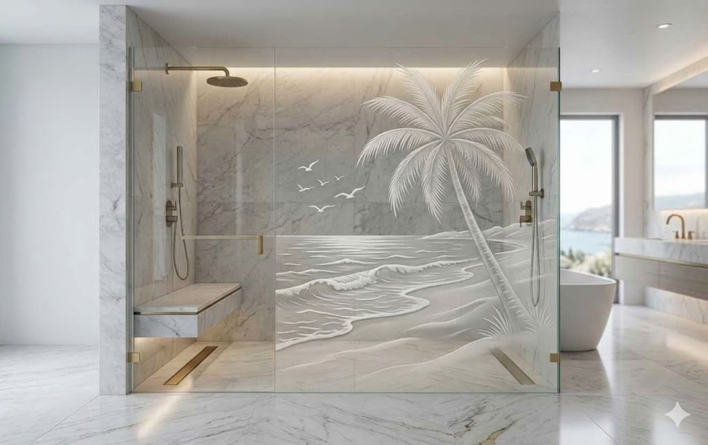 luxury walkin shower with coastal motif