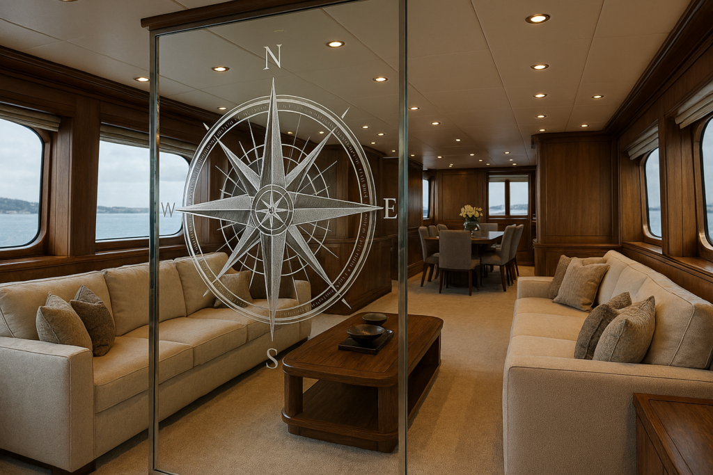 yacht interior with compas rose room divider